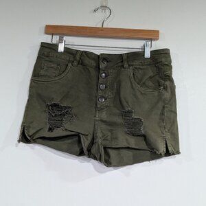 Harlow Button Fly Hi-Rise Distressed Denim Jean Shorts Olive Green Size 31